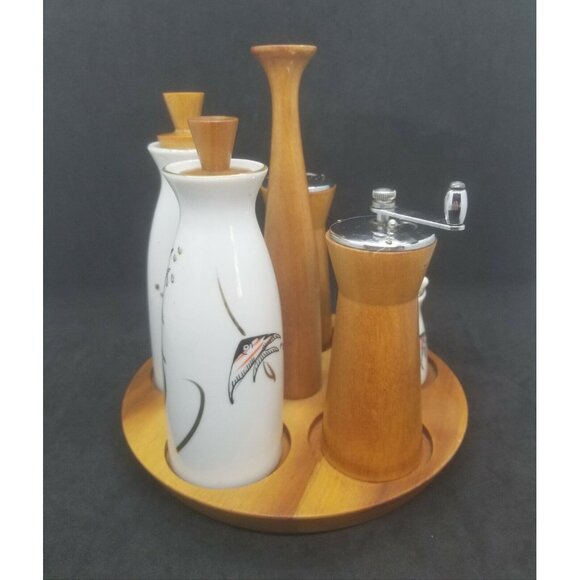 Woodpecker WoodWare Condiment Caddy Angel Fish Cruet Set Mid Century - Picture 5 of 12